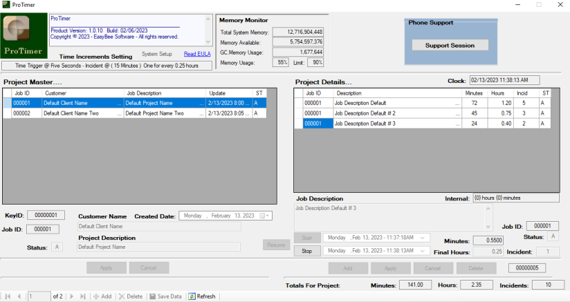 ProTimer -Project and  Phone Support Time Management Software